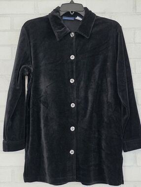 Vintage Whimsigoth Liz Claiborne Liz Sport Small Velour Button Down Shirt Black
